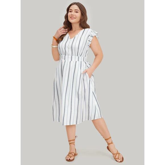 5X 28 Plus Size White Stripe BloomChic Midi Dress Pocket Ruffle Sleeve - Picture 3 of 11